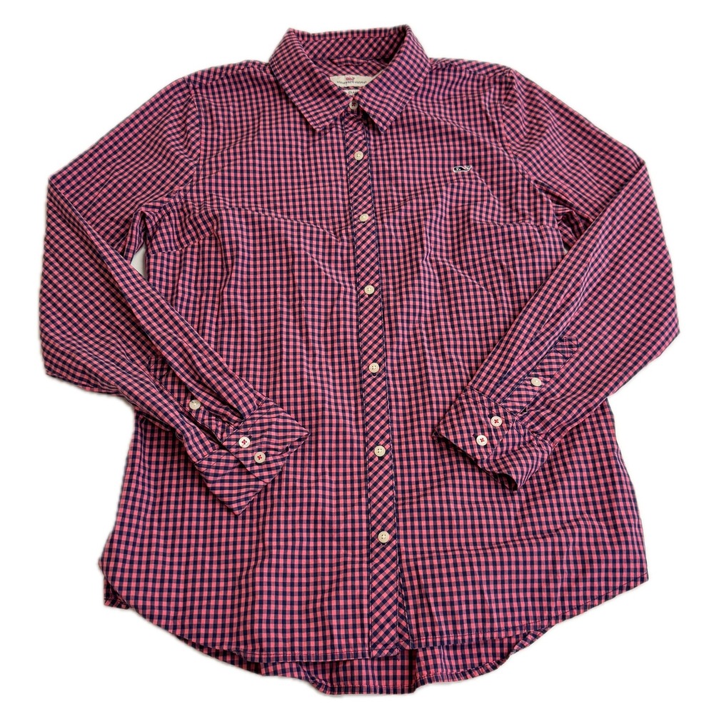 Vineyard Vines Shirt Women 6 Pink Gingham Button Down Classic Whale Preppy